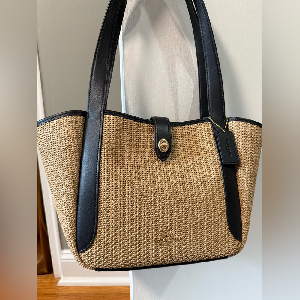 Coach Hadley Turnlock Tote Bag -Straw and Black Leather